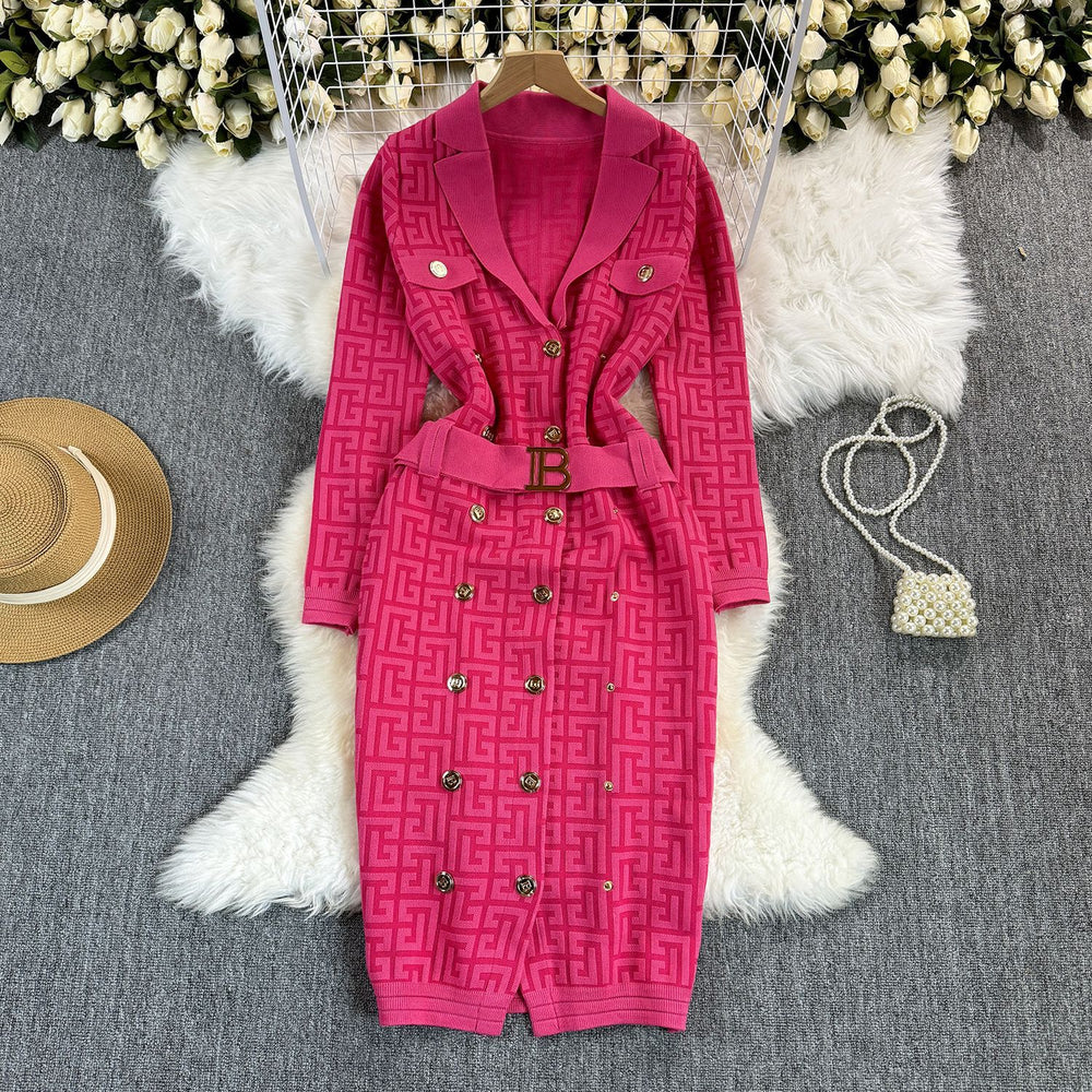 Fall and winter tweed style grids celebrity metal buttons double-breasted lapel waist silmknitting long skirt dress