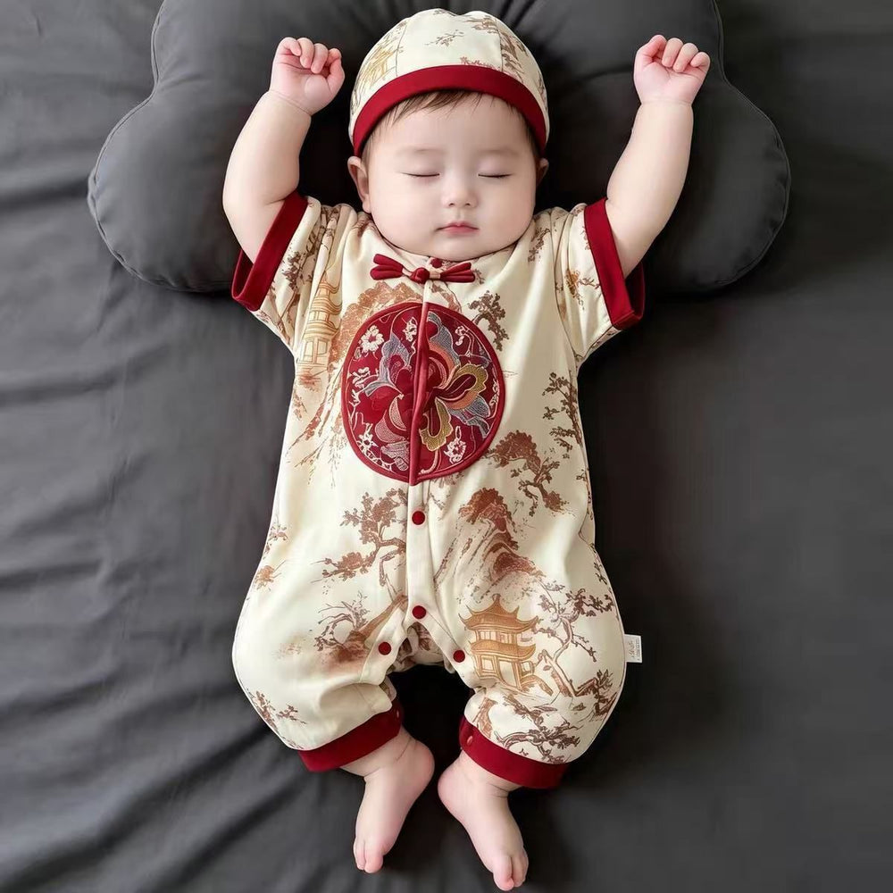 Summer thin one-piece new chinoiserie infant male and female baby chinese style heavy industry chinese ancient style khaki outwear crawling clothes summer