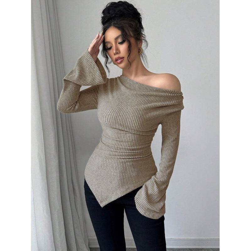 Real shot of export cross-border 1688shein  bell sleeve swing collar knittingtops