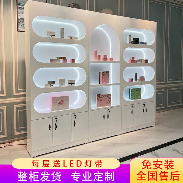 Solid wood paint cosmetics display cabinet High-end atmospheric skin care product display cabinet Beauty salon product rack container