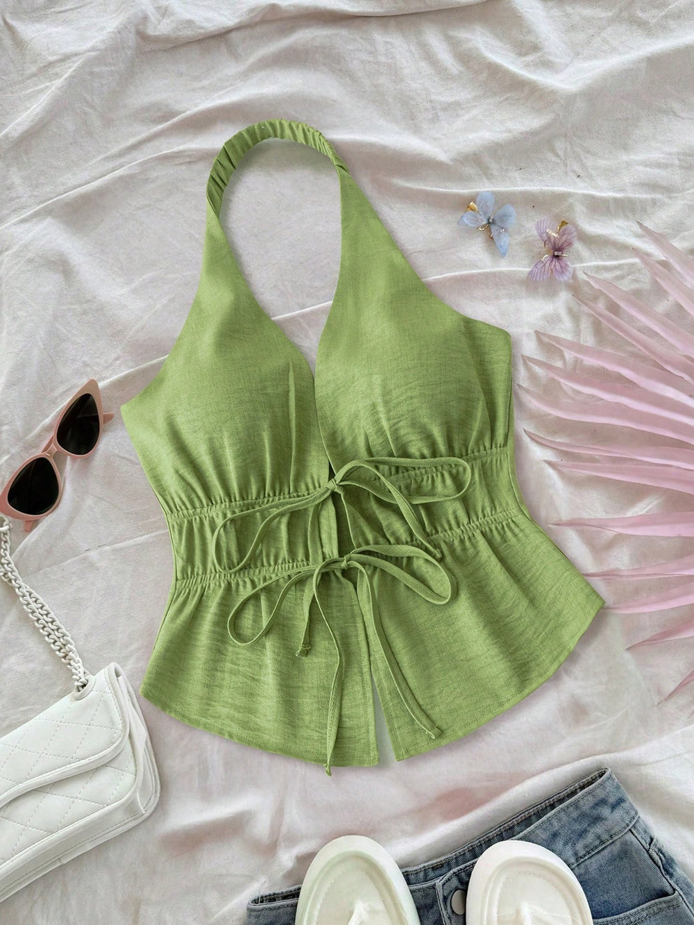 Fashion cross-border exclusive holiday style halter vest frenchretro drawstring waist backlesspure colortopsbackless