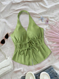 Fashion cross-border exclusive holiday style halter vest frenchretro drawstring waist backlesspure colortopsbackless