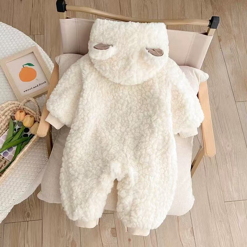 Baby clothes autumn and winter fleece-lined thickened cotton padded outfit, super cute baby fuzzy sweater, winter outdoor romper