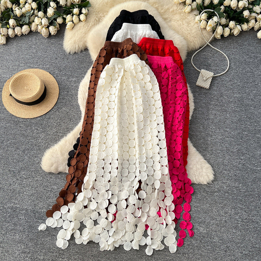 French cutout polka dot tassel midi skirt - women's spring korean style high waist slimming a-line work skirt