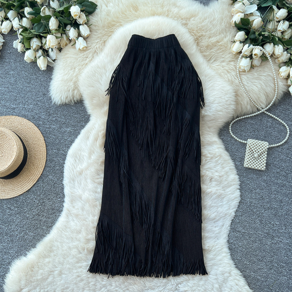 Korean style tassel trim a-line midi skirt - women's 2026 summer high-waisted commute chic tassel skirt