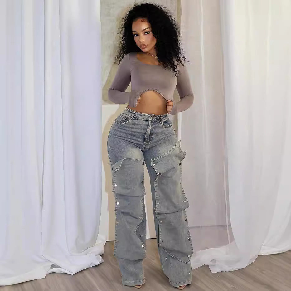 European and american style straight-leg jeans -  cross-border women's fashion - autumn street style trendy detachable button high-waisted pants