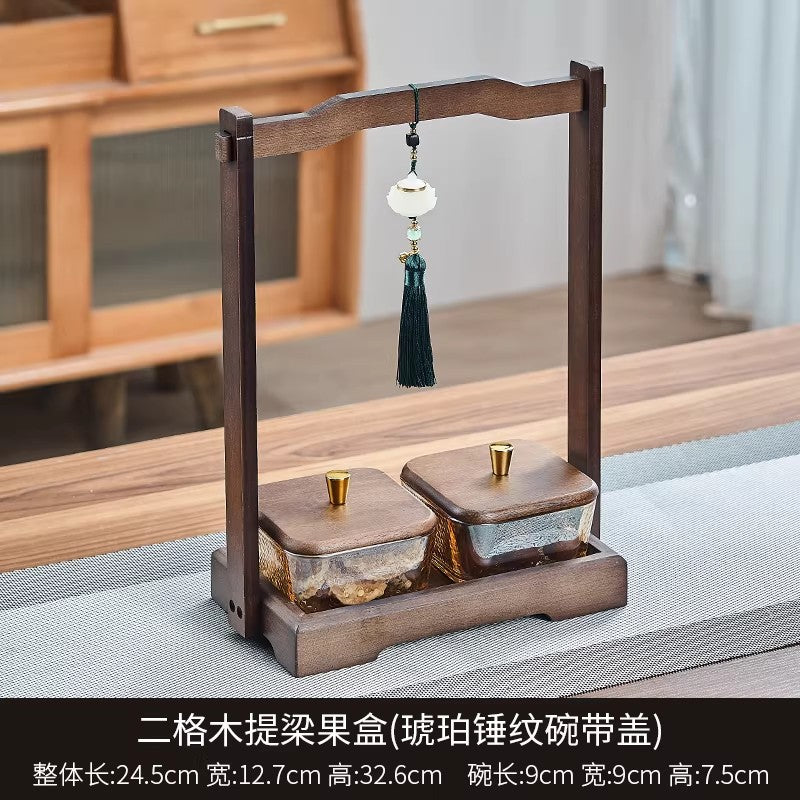 Chinoiserie walnut color dried fruit plate for home divided grids four-square grid lifting beam wedding new home glass bowl fruit plate fruit plate