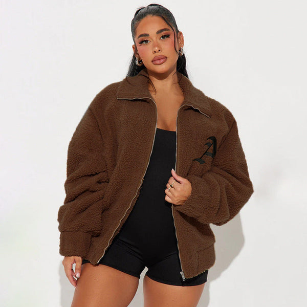 autumn and winter coat lamb wool loose casual zip cardigan jacket lapel fashion large size thermal top