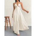 Ready-to-ship 1688 women's romantic beach vacation backless v-neck white pleated a-line dress