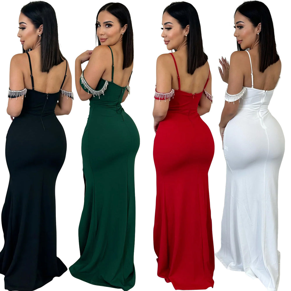 C6771 cross-border   fashion women's solid color tassel strap maxi dress