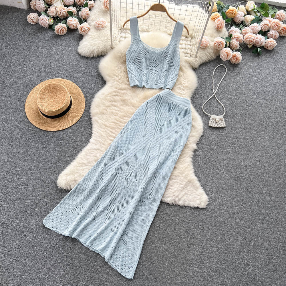 Trendy knitted set for women: new summer collection - unique openwork jacquard camisole and high-waisted bodycon maxi skirt two-piece outfit