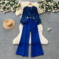 Accessible luxuryfashionclassy sense leopard print jumpsuit women's autumn puff sleeves cross collar wide leg drapedilm slimming look royal sister pants