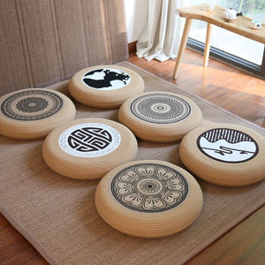 Futon pouf, tatami floor, bay window, retro coffee table, pouf, living room floor cushion, hemp rope meditation stool