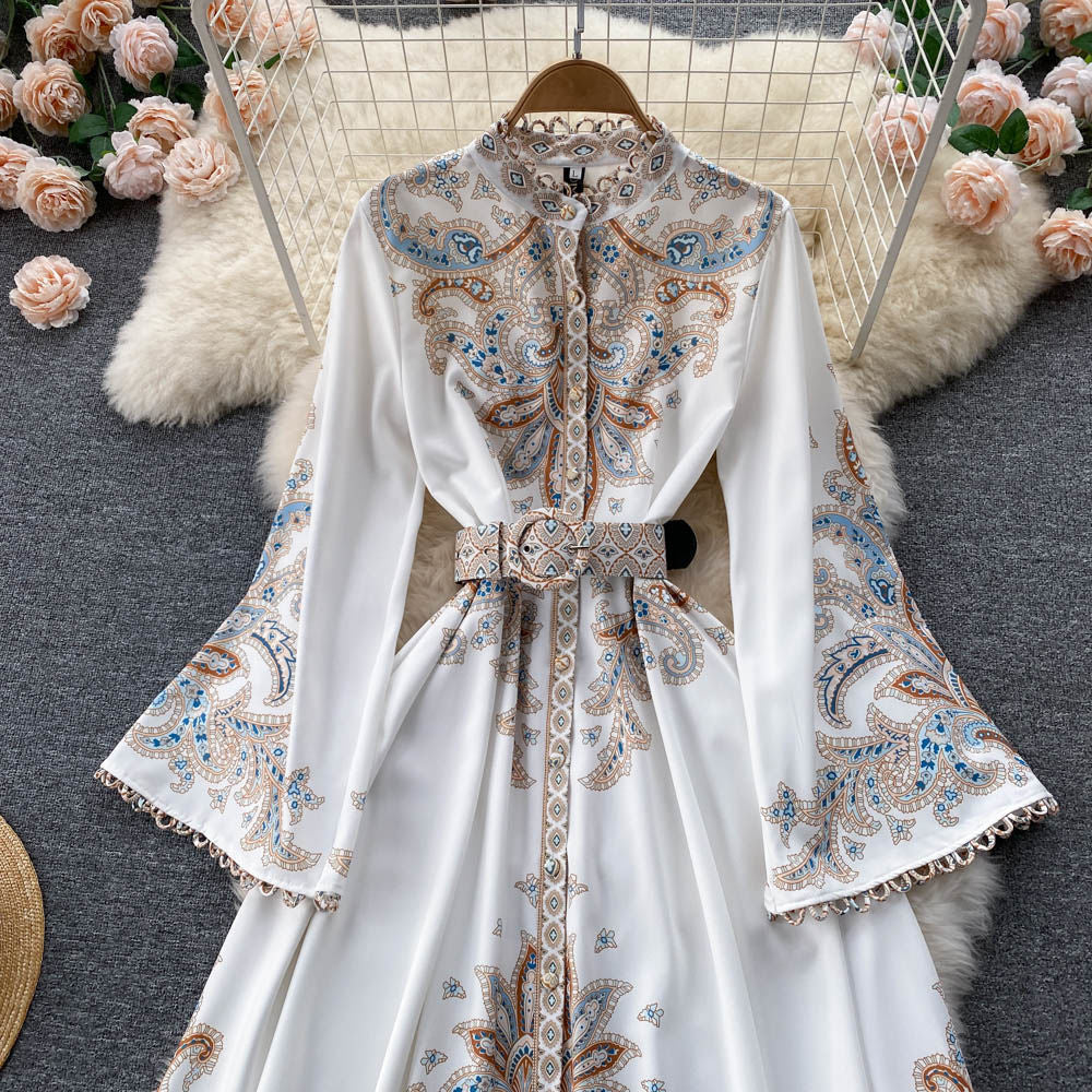 Spring autumretro stand-up collar bell sleeves printingdress women's fashion ins palace style large swing over-the-knee long skirt