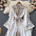 Spring autumretro stand-up collar bell sleeves printingdress women's fashion ins palace style large swing over-the-knee long skirt