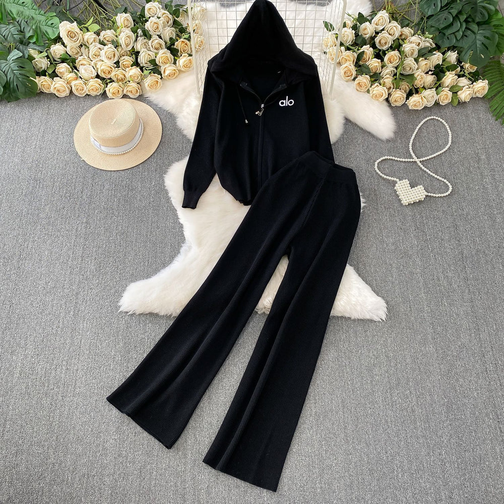 Women's casual activewear two-piece set: fall/winter letter embroidered zip-up hoodie knit sweater jacket & wide-leg pants