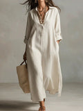 fashion spring and summer new arrivaldresspure color lapel casuallong sleevesshirt skirt lazy style cotton and linen
