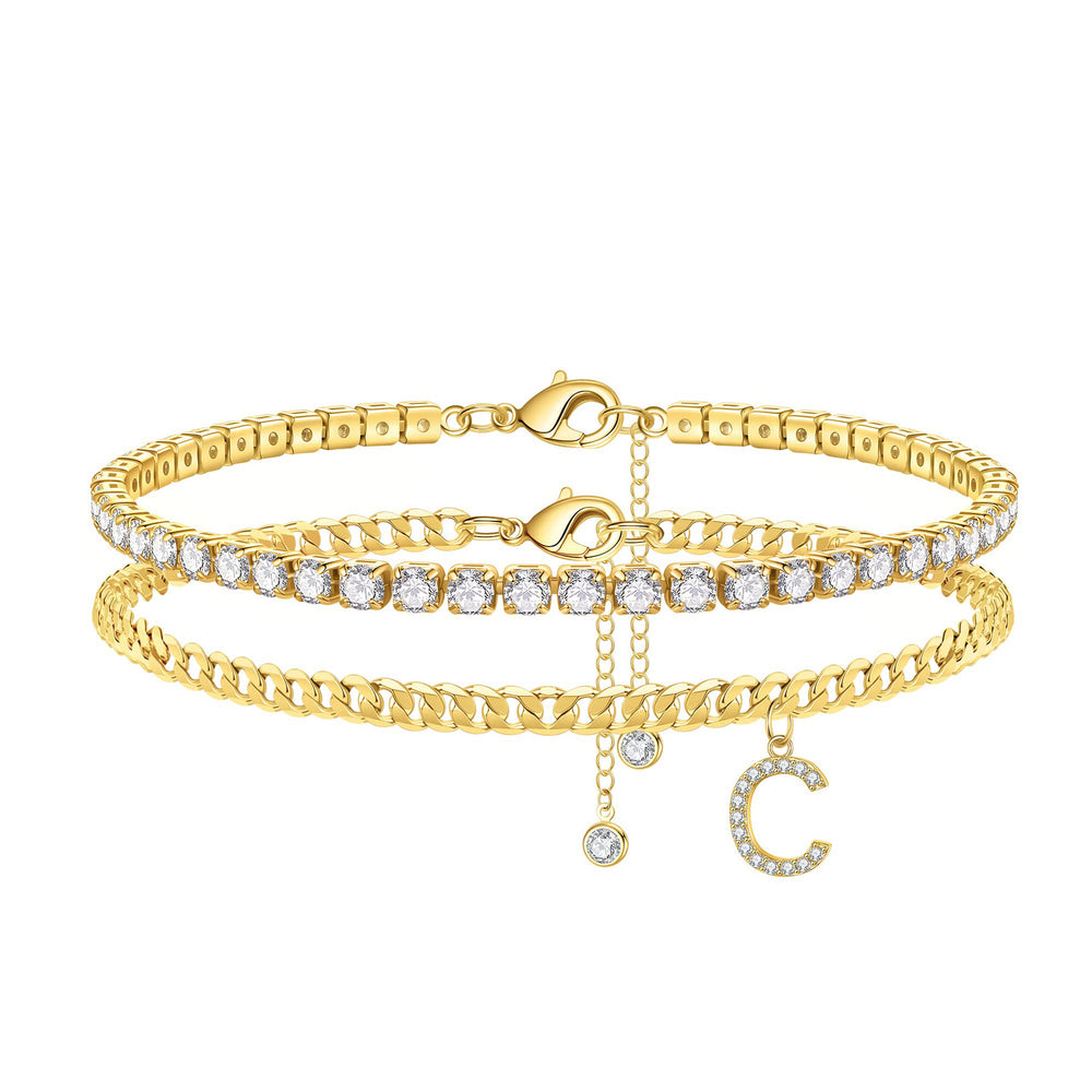 Exportnew arrival double layer 26 letter claw chain anklet fashionfashion tennis chain diamond letter layered beach