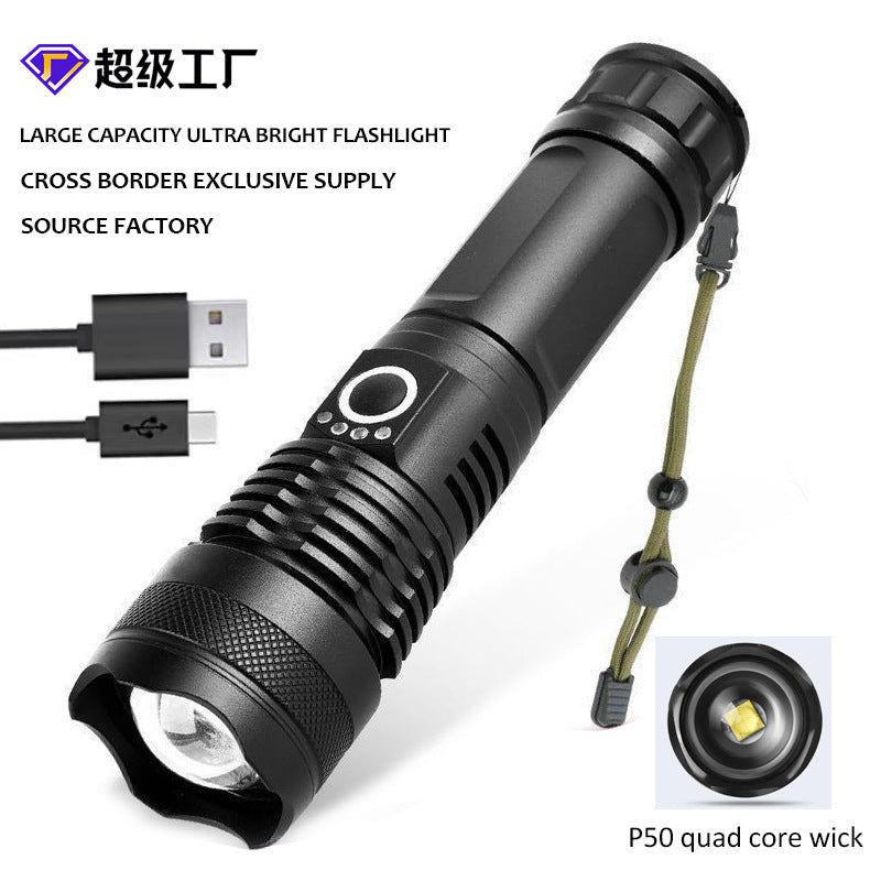 Cross-border new strong light remote emission electric display LED telescopic zoom flashlight outdoor household lighting aluminum alloy flashlight