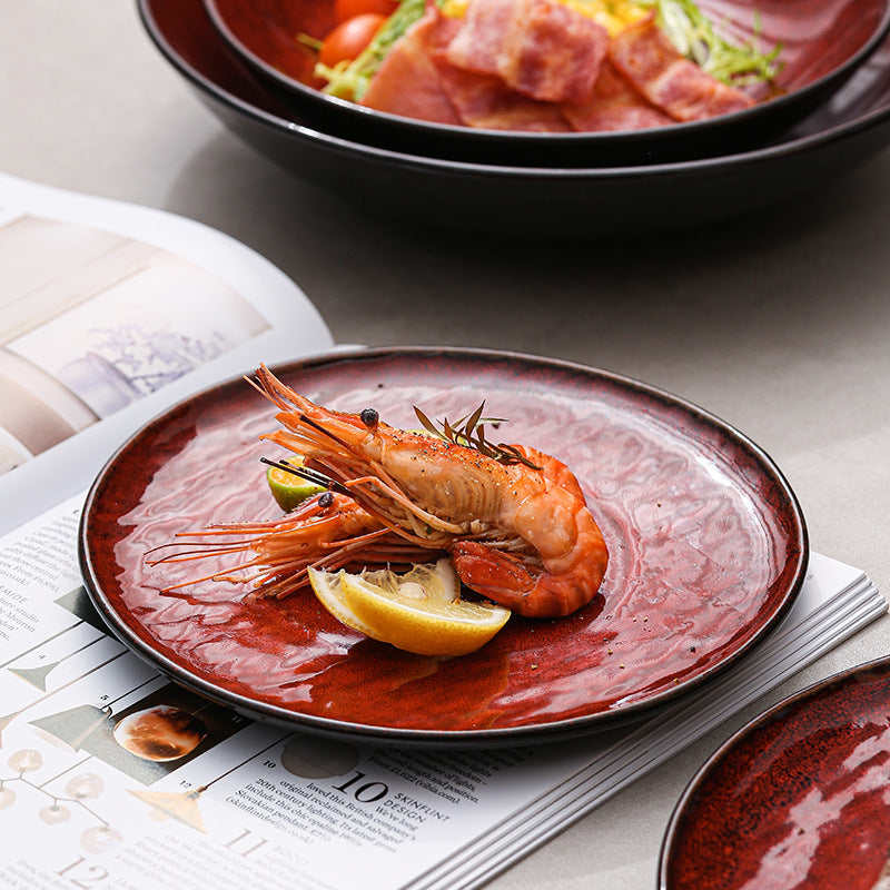 Nordicinsclassy hotel tableware ceramic bowl and plate combination burgundy restaurant for home embossed display plate