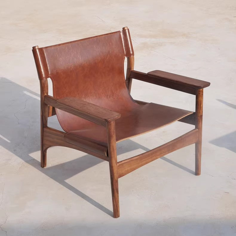 Vintage saddle chair - home living room balcony retro solid wood single leisure chair - designer style light luxury sofa chair