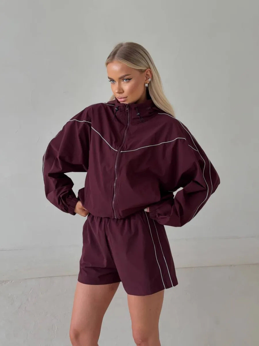 European and American  summer casual shorts set solid color long-sleeved zipper cardigan elastic shorts line two-piece set