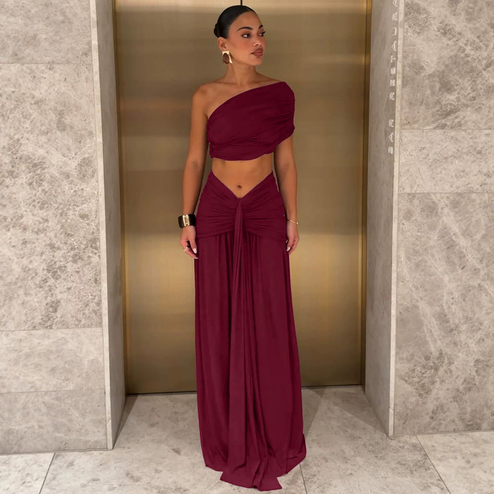 European and american women's clothing  summer new collection: solid color bandeau top, slim-fit strappy sexy ruched midi skirt set