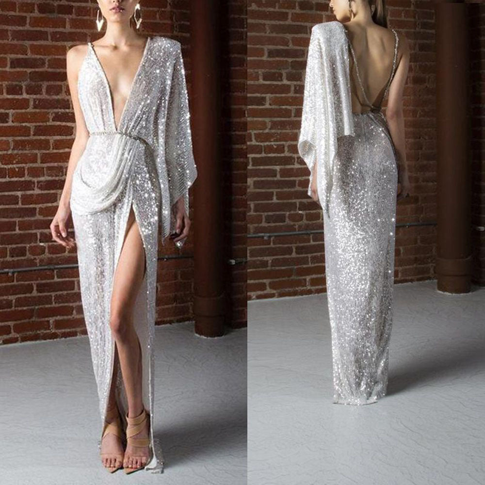 2025 new european and american style sequin patchwork halter backless dress with slit, slim fit, mature chic v-neck sexy dress