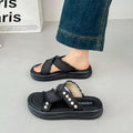Thick sole denim pearl cross strap slippers women's summernew arrivalniche style design fashioneasiest for matchoutwear women's one-line slippers