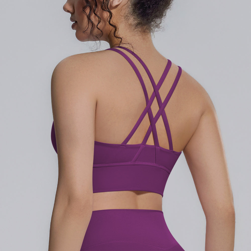 New nylon spandex sports bra - racerback, cross-back, compression yoga top - shockproof, barely-there feel, fitness tank top