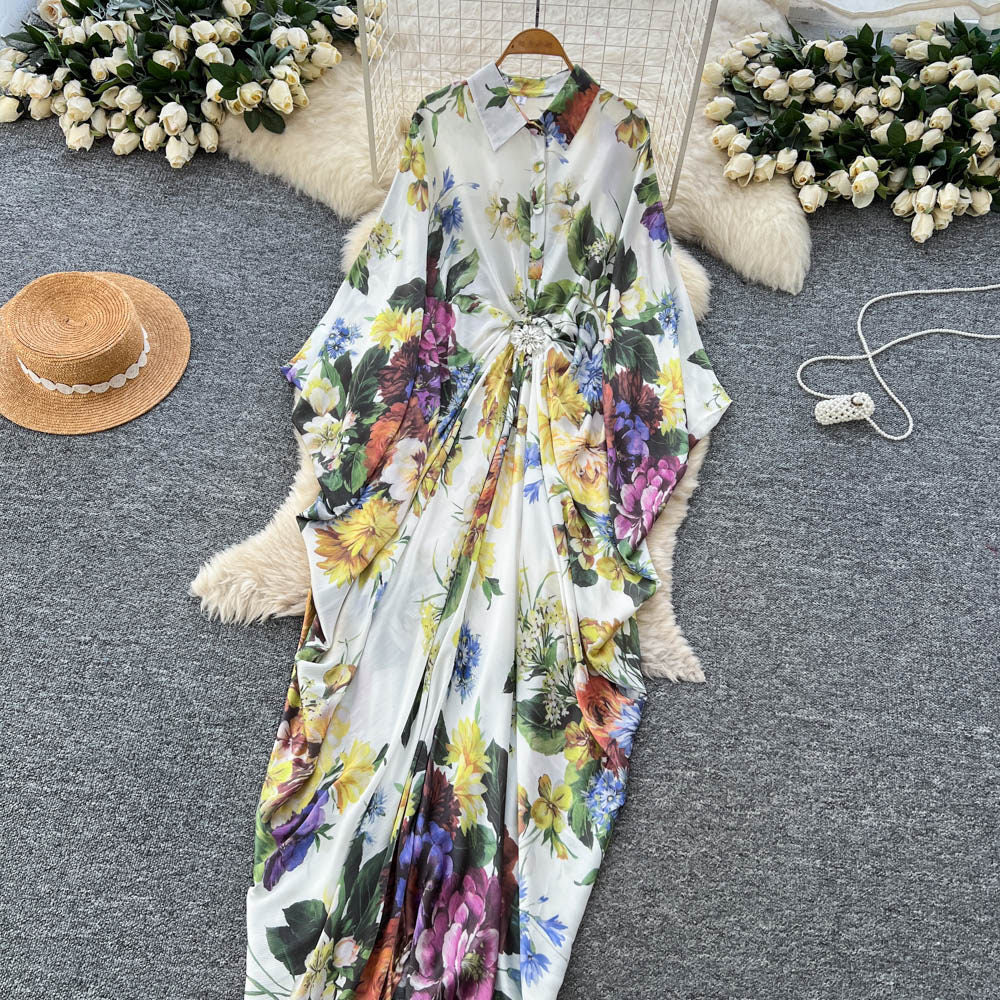 Vacation style printingpatchworkclassy new arrivaldress women's waist slimming look large swing long skirt work clothingelegant skirt
