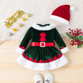 Baby christmas party outfit: fuzzy hat, belt, and romper dress