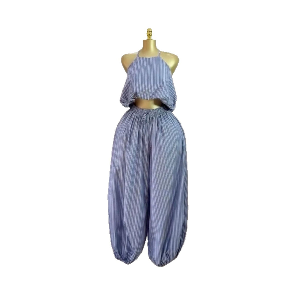 European and american cross-border women's fashion:  summer new collection - striped sleeveless top with drawstring wide-leg pants set