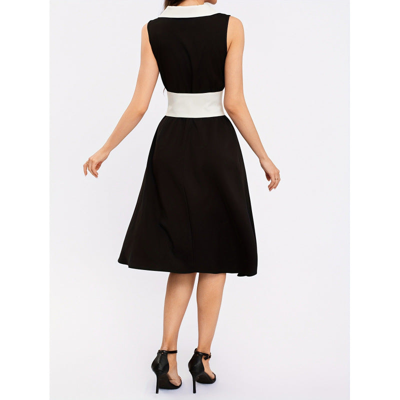 Aliexpress cross-border new women's original black and white patchwork pearl button sleeveless solid color dress