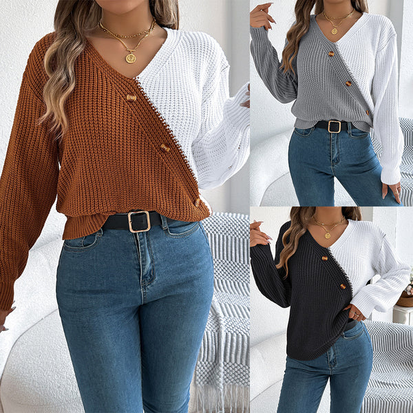 Real shot 2025 autumn and winter casual V-neck button contrasting lantern sleeve pullover sweater, independent station  European and American women's clothing