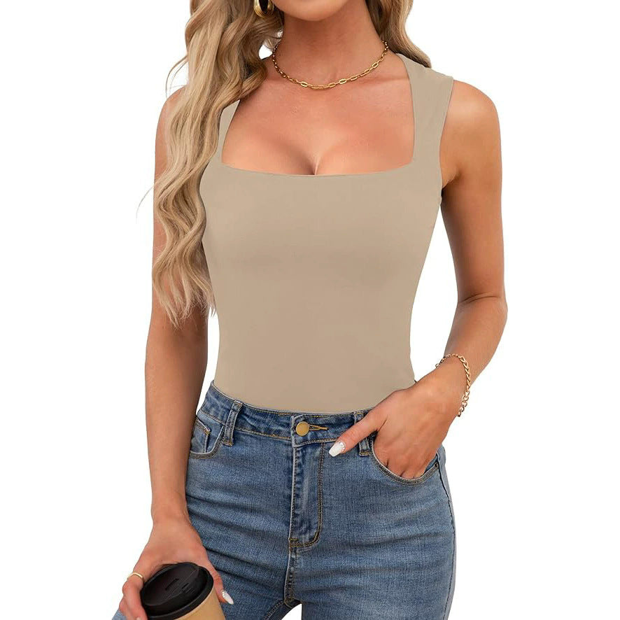 2025 Cross-border European and American Spice Girls Wear Sling Vest Women's Summer Sleeveless Off-Shoulder Square Neck Threaded Shoulder Strap Top Women