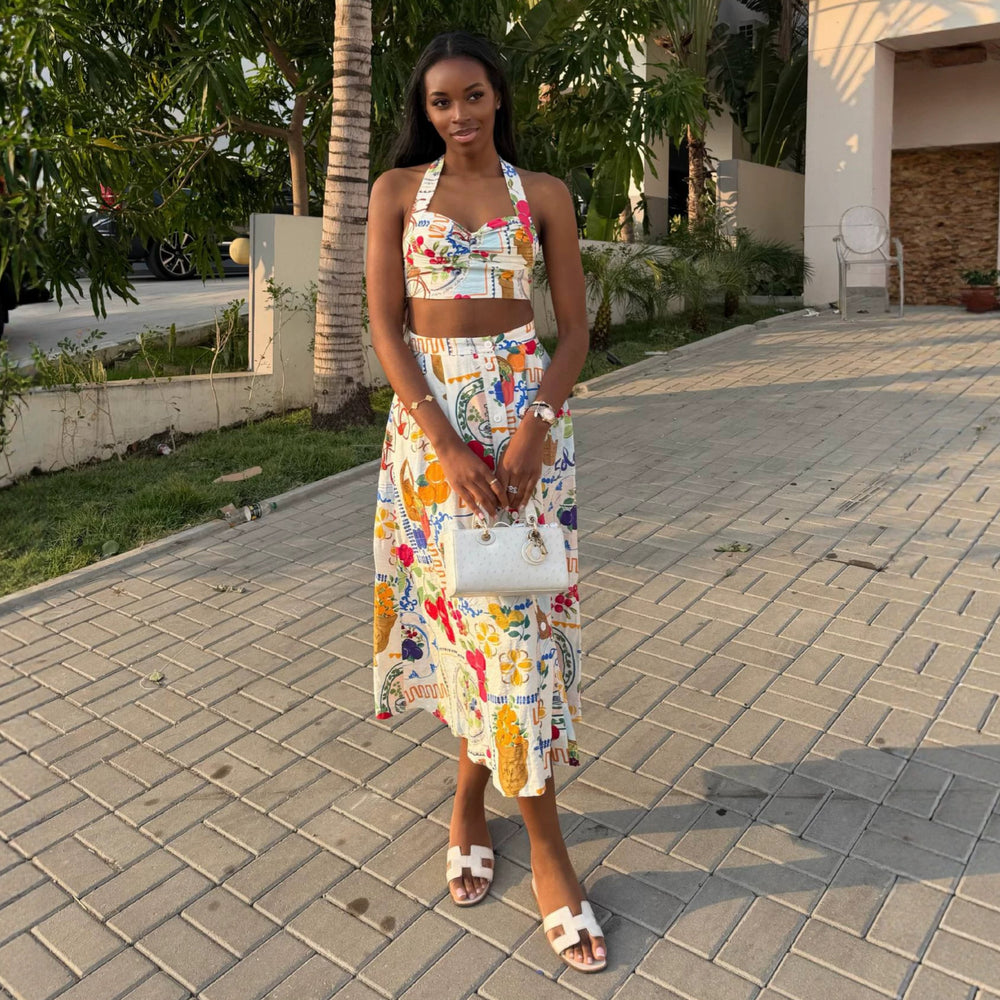 European and american cross-border women's fashion:  summer new arrival - elegant printed sleeveless cami top and high-waisted midi skirt set