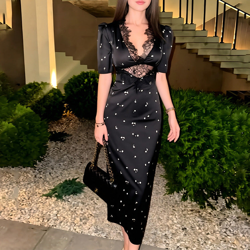 cross-border european and american women's summer fashion: new elegant satin lace patchwork v-neck hollow-out polka dot dress