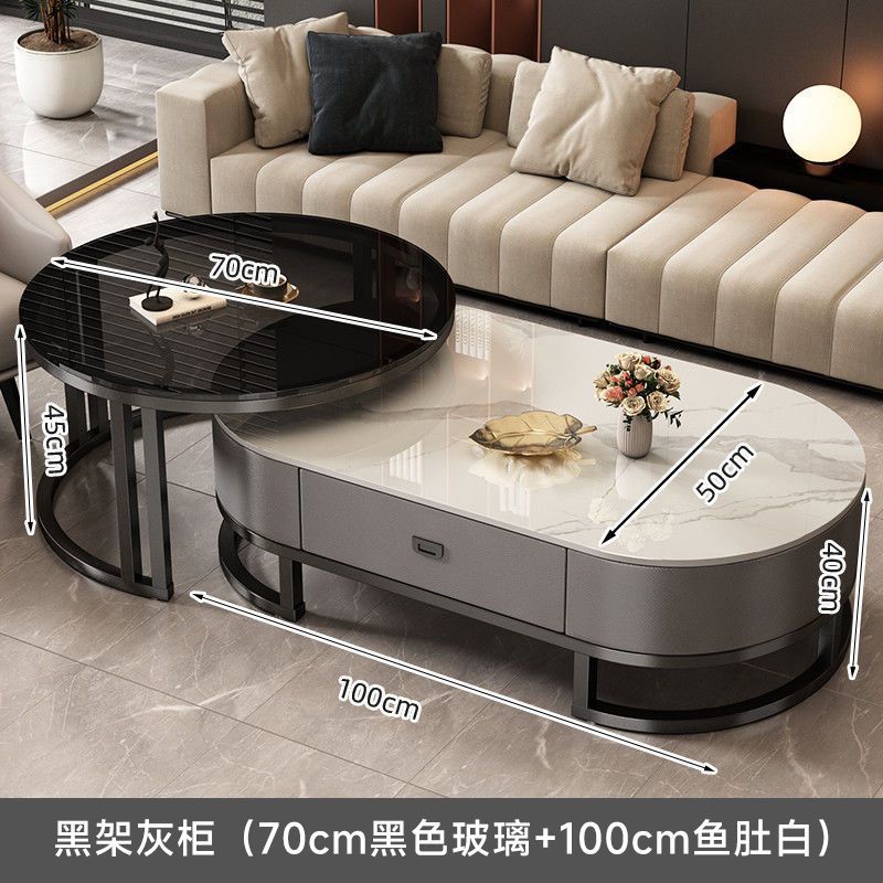 Italian light luxury oval glass coffee table living room home tea table high-end marble combination coffee table set