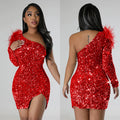 C6719 cross-border   fashion women's sexy one-shoulder sequin slit bodycon dress