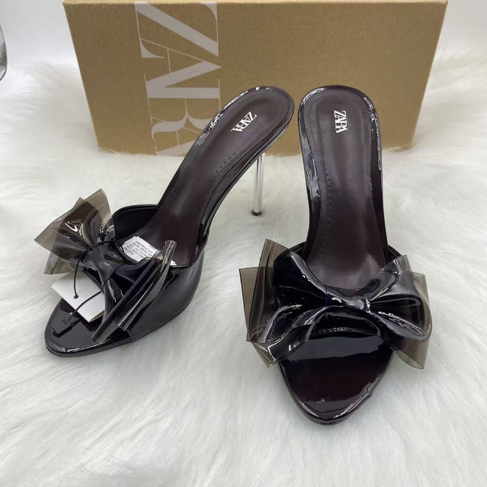 Za 2024 summer new women's pink bow high heel mules - round toe, open back, stiletto heel sandals