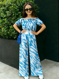 girls' fashion two-piece set: multi-colored zebra print off-the-shoulder cinched waist top and high-waisted wide-leg pants kids' outfit