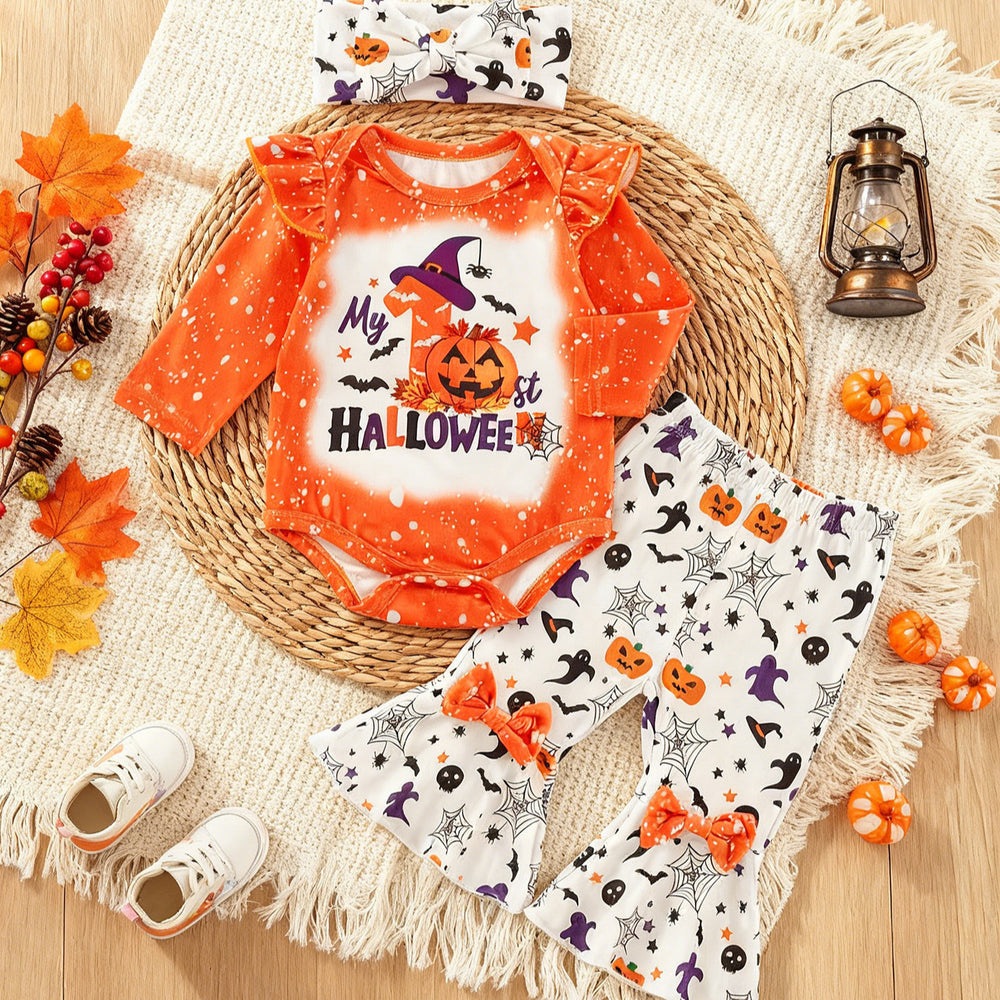 Baby girl halloween pumpkin letter print romper, flare pants, and headband three-piece set