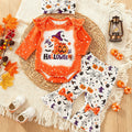 Baby girl halloween pumpkin letter print romper, flare pants, and headband three-piece set