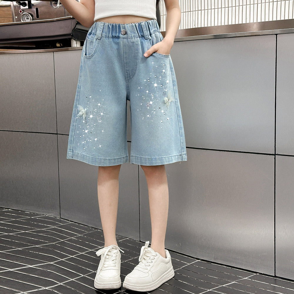 Girls' shorts - summer lightweight light wash denim mid-length shorts -  new summer fashionable pants - big kids' capri shorts