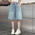 Girls' shorts - summer lightweight light wash denim mid-length shorts -  new summer fashionable pants - big kids' capri shorts