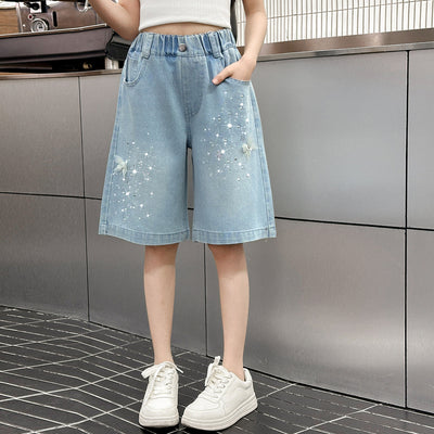 Girls' shorts - summer lightweight light wash denim mid-length shorts -  new summer fashionable pants - big kids' capri shorts