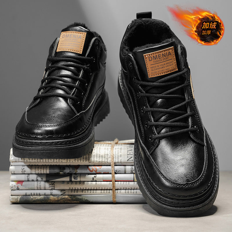 Fleece-lined men's shoes 2025new arrival autumn winter high-top sneakers men's leather heattechthickened cotton shoes low-top boots
