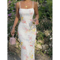 Women's summer new french elegant romantic mesh floral print slim fit waist-cinching camisole midi dress