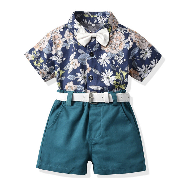 Brother and sister wear export spring and summer new arrival children's clothing boys short-sleeved shorts suspender suit girls floral skirt wholesale